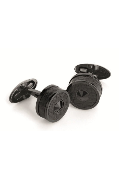 Classic Cufflinks, Black IP, Black Leather, Black Crystal Insert