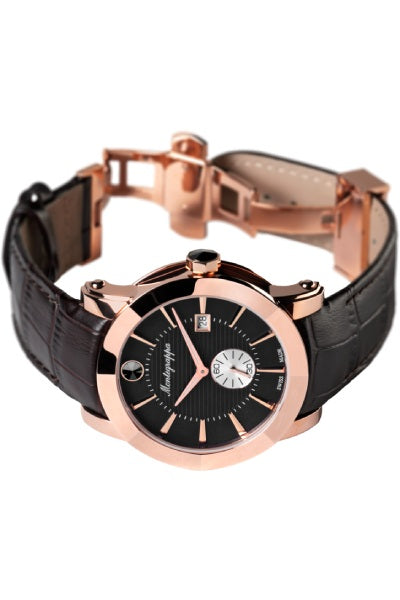 Nerouno Quartz Watch - Rose Gold PVD, Black Dial, Black Leather Strap
